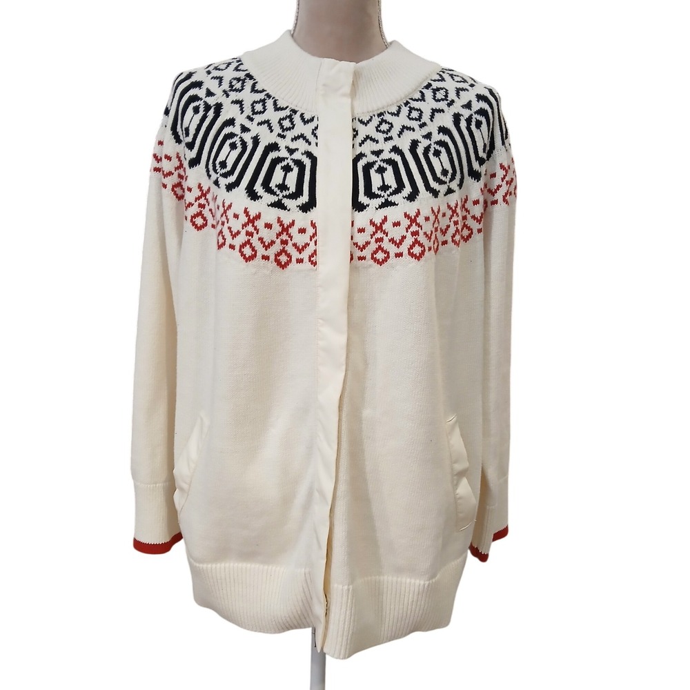 Size 2X, T By Talbots Women's Cream, Black, and Red Patterned Sweater